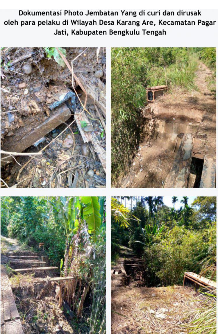 Dokumentasi foto jembatan yg dicuri dan dirusak oleh para pelaku di wilayah Desa Karang Are, Kecamatan Pagar Jayi, Kabupaten Bengkulu Tengah