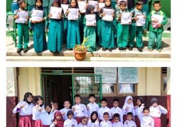 Wajah-wajah bahagia siswa-siswi SDN 3 Pelantai (atas) dan SDN 12 Lukit (bawah) saat menerima bantuan seragam sekolah berbahan viscose rayon dari PT RAPP.