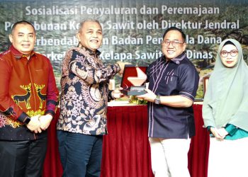 Direktur Dana dan Jasa BRK Syariah, MA Suharto menyerahkan cenderamata kepada narasumber sosialisasi Penyaluran dan Peremajaan Perkebunan Kelapa Sawit.