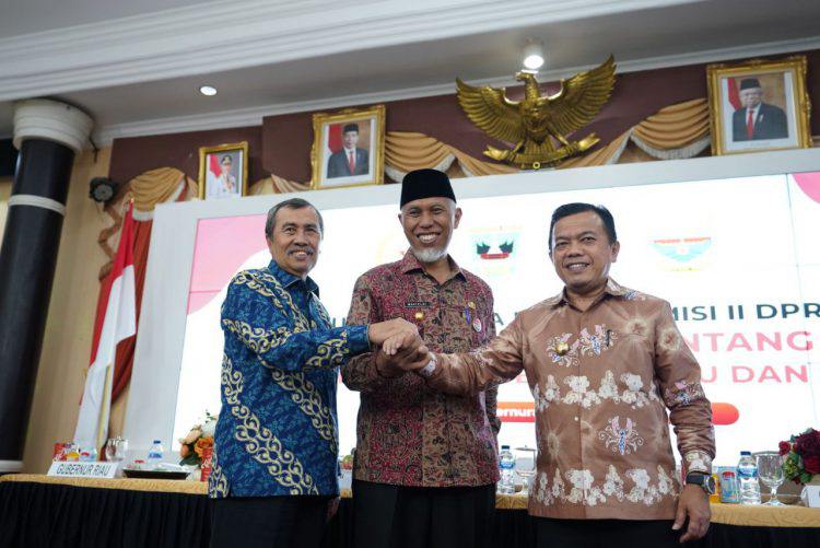 Gubernur Riau Syamsuar foto bersama dengan Gubernur Sumbar dan Gubernur Jambi saat peremun dengan Komisi II DPR RI.