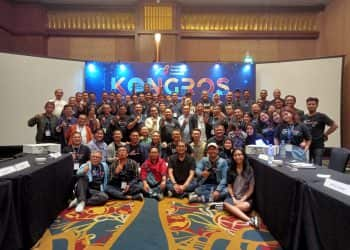 Foto bersama Pengurus AMSI Nasional terpilih, Ketua Umum Wahyu Dhyatmika (CEO TEMPO Digital) dan Sekretaris Jenderal Maryadi (Direktur Katadata Media Network), saat Kongres ke 3 AMSI, di El Hotel Bandung, Kamis 24 Agustus.