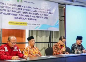 Ketua DPRD Kota Dumai, H. Suprianto, S.H (dua dari kanan) didampingi Wakil Ketua DPRD Kota Dumai, Sekwan dan Ketua Bapemperda DPRD Kota Dumai, ekspose penyusunan 5 (lima) Naskah Akademik dan Ranperda Kota Dumai Tahun 2024.