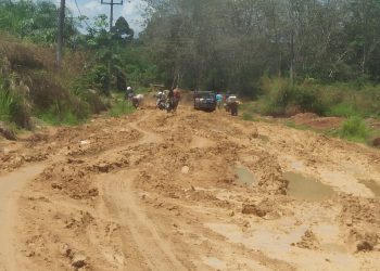 Kondisi jalan propinsi Pangkalan -Ibul Kecamatan Pucuk Rantau Kabupaten Kuantan Singingi yang rusak parah (Foto : Jon Indra/bpc)