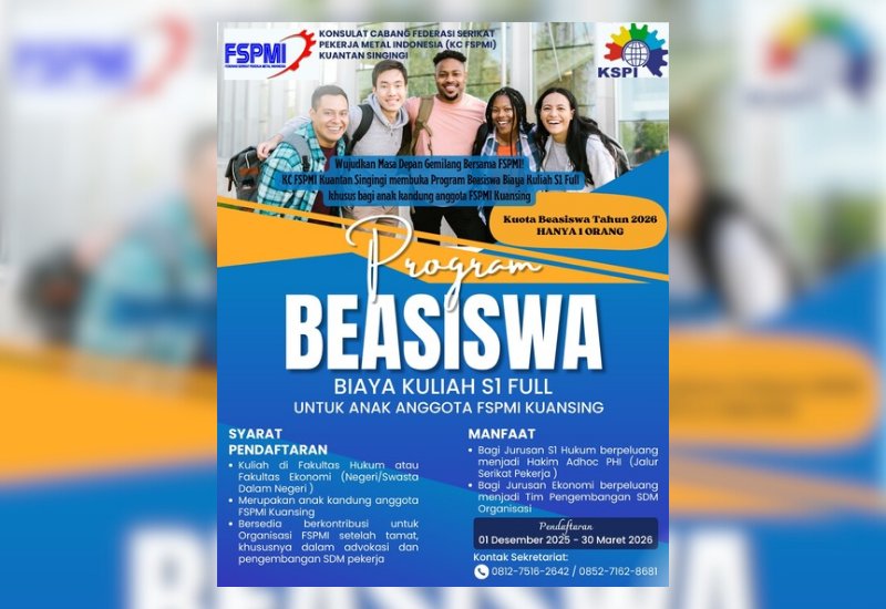 FSPMI Kuansing Buka Beasiswa S1 Full Tahun 2026 untuk Anak Anggota