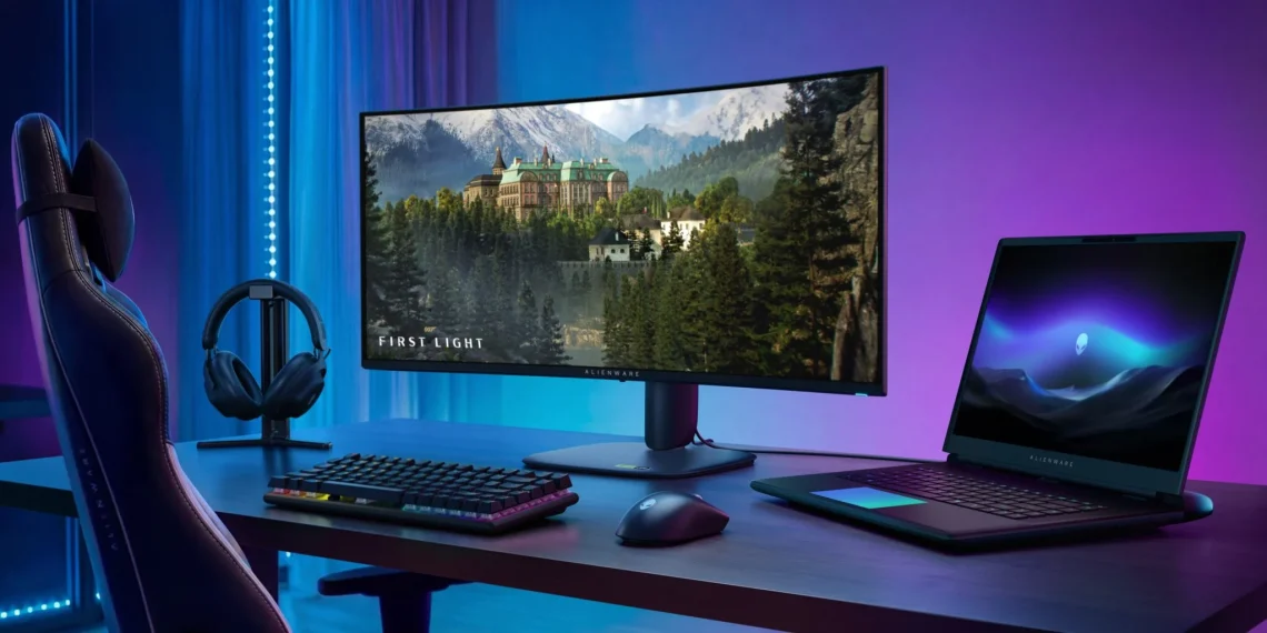 Dell Alienware AW3426DW Meluncur, Monitor Ultrawide Gaming QD-OLED Lapis Ganda