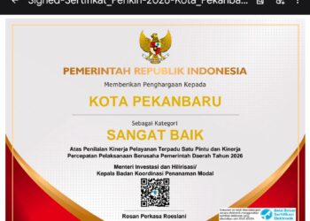 Pemko Pekanbaru Kembali Raih Penghargaan Nasional, Kali Ini Sabet Predikat Sangat Baik untuk Iklim Investasi